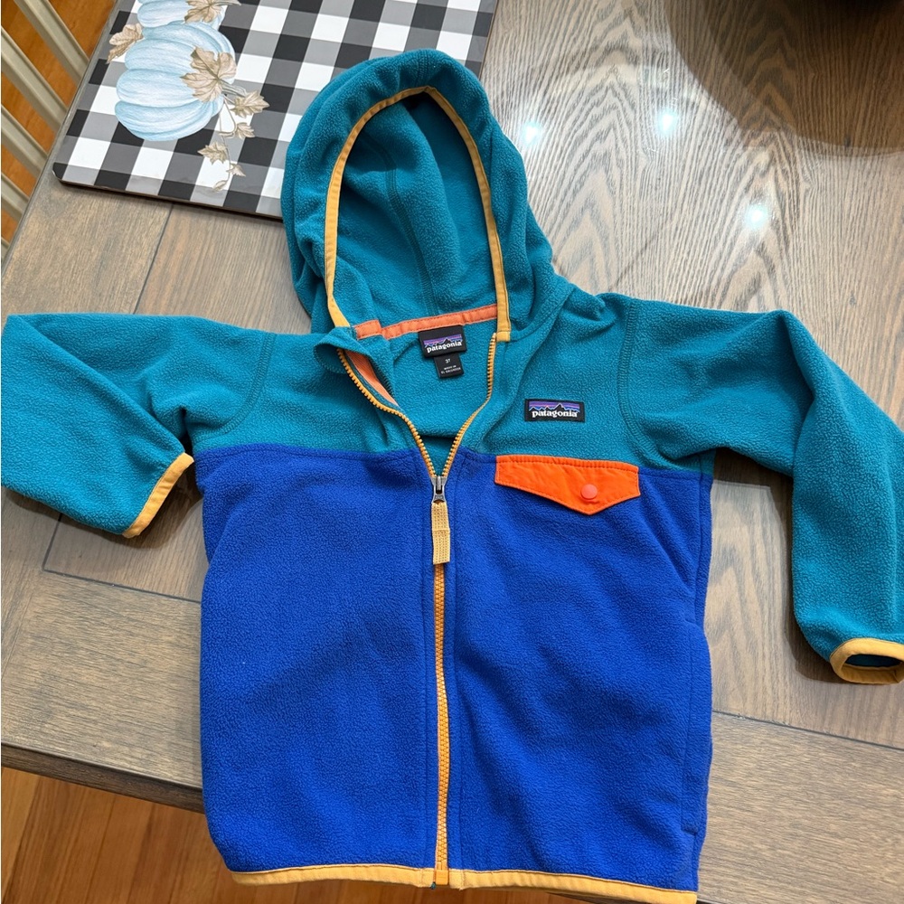 Patagonia Kids' Teal and Blue Hoodie with Orange Trim